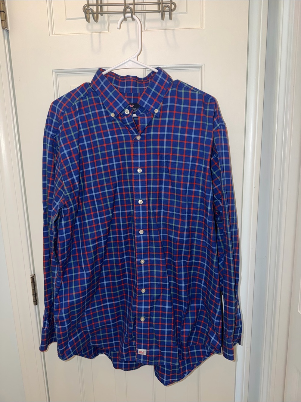 Vineyard Vines Blue Plaid Button-Down with Red and Green Accents
